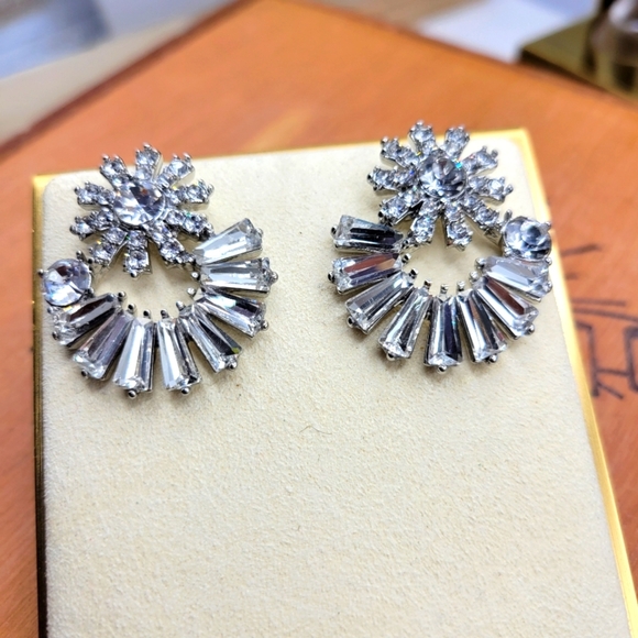 Rhinestone • Baguette Earrings • Half Moon Shaped • Pierced - Picture 3 of 4